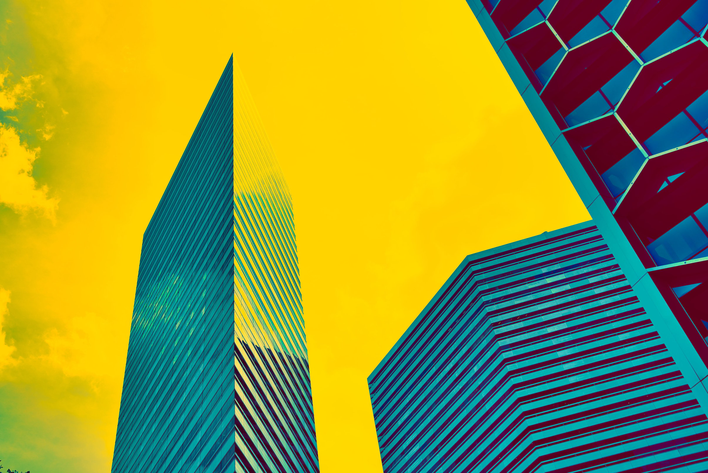 illustrated background of a business building in a modern city with a yellowish comic book tone